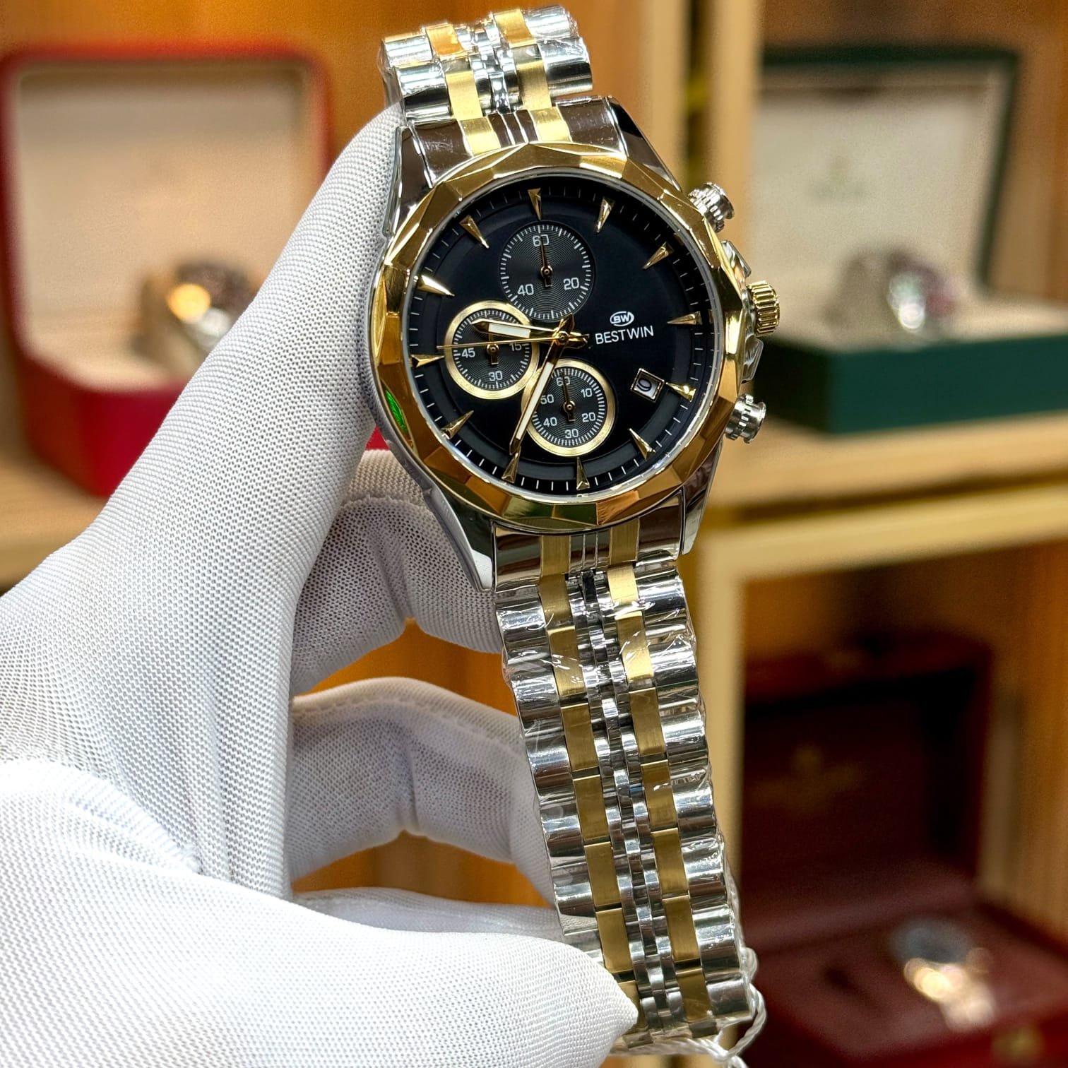 BESTWIN Luxury Two-Tone Black Chronograph Men's Watch - Gold & Silver Stainless Steel Chain with Black Dial & Date Display